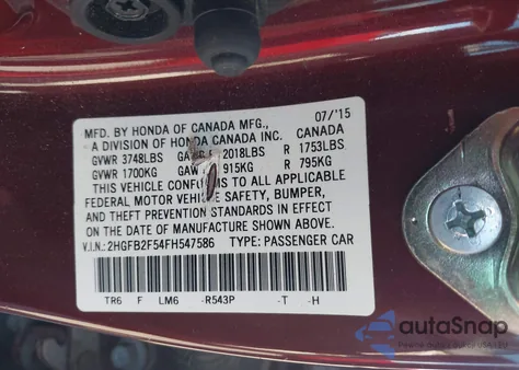 2015 Honda Civic Lx from USA, damaged, VIN 2HGFB2F54FH547586